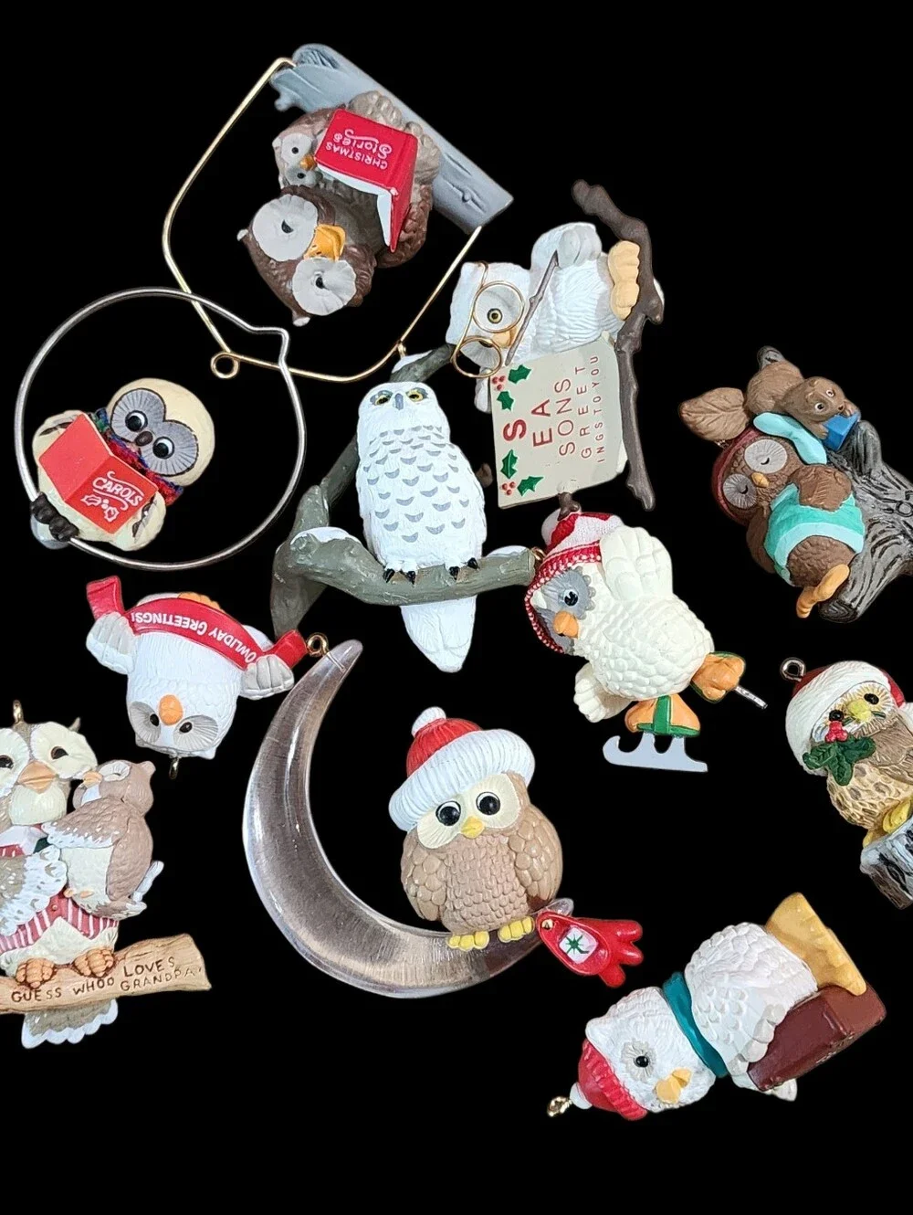 Hallmark Keepsake Vintage Owl Ornament Lot Of 11 80-90's Christmas Cresent Moon
